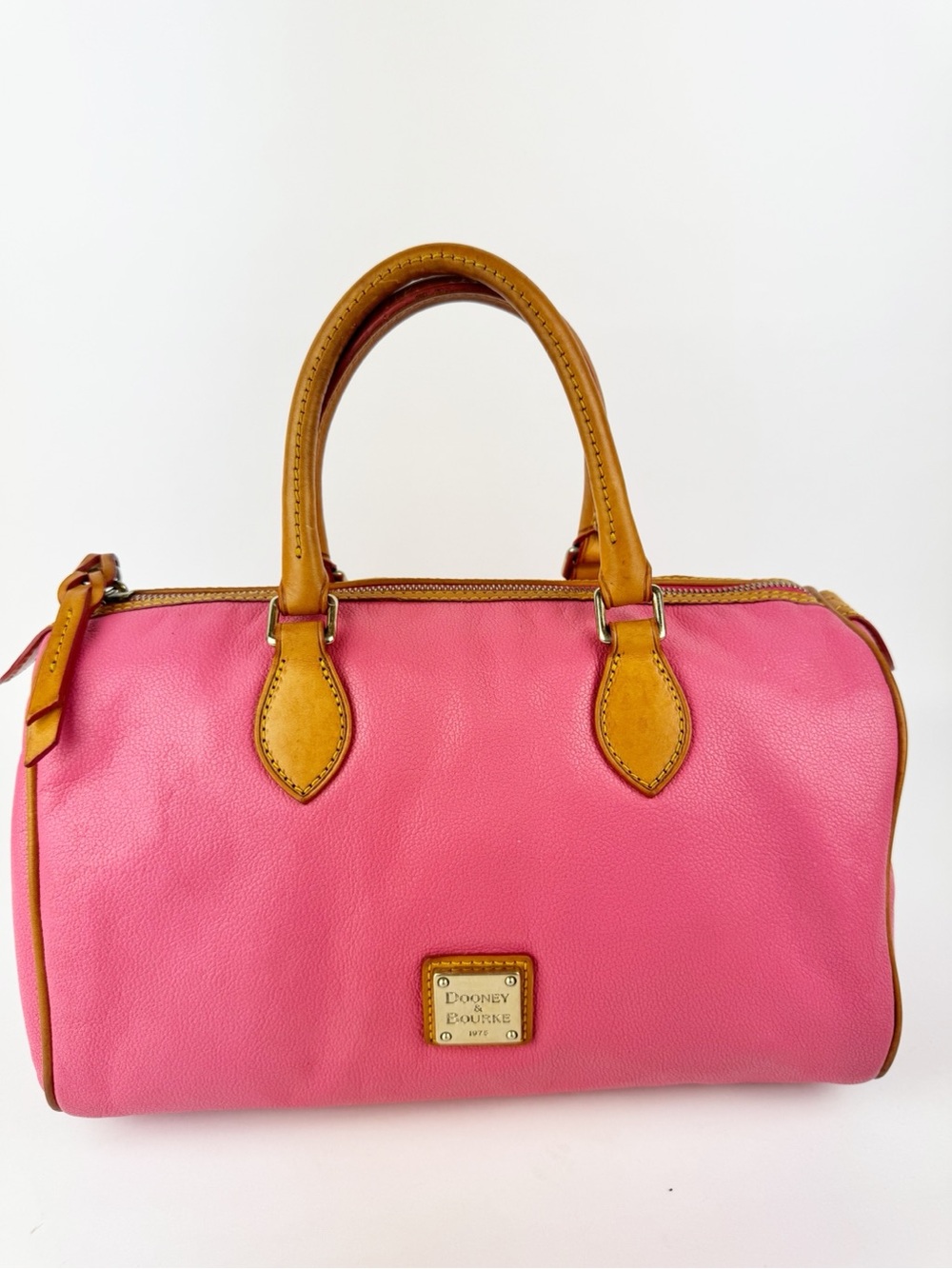 Dooney & Bourke Pink Leather Barrel Boston Satchel with Tan Trim